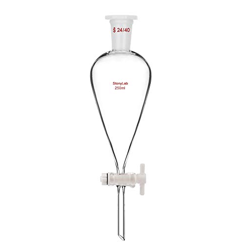 StonyLab 250 ml Embudo Separador, Separatory Funnel de Pared Pesada de Vidrio de Borosilicato con Juntas 24/40 y Tapón PTFE - 250 ml