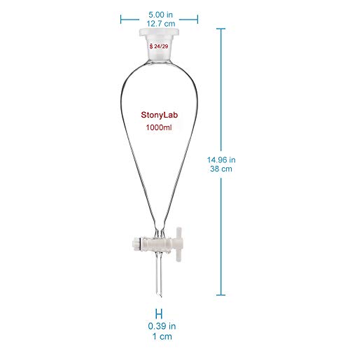 stonylab Embudo Separador de Cónico de Vidrio de Borosilicato con Juntas 24/29 y Tapón PTFE, Separatory Funnel Embudo de Laboratorio - 1000ml