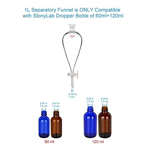 stonylab Embudo Separador de Cónico de Vidrio de Borosilicato con Juntas 24/29 y Tapón PTFE, Separatory Funnel Embudo de Laboratorio - 1000ml