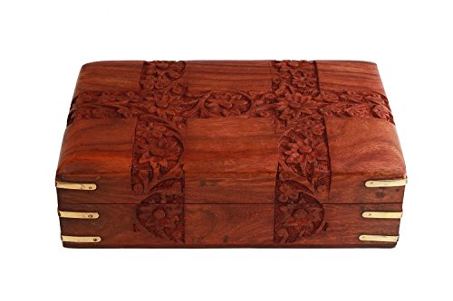 Store Indya, Mano con encanto de madera tallado decorativo de la baratija del joyero (15,2 X 10,2 X 6,4) cm, con tallas florales y esquinas de laton