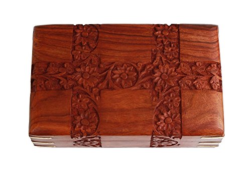 Store Indya, Mano con encanto de madera tallado decorativo de la baratija del joyero (15,2 X 10,2 X 6,4) cm, con tallas florales y esquinas de laton