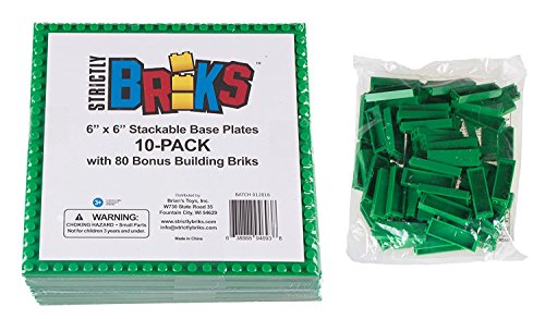 Strictly Briks Pack de 10 Bases con Ladrillos separadores 2 x 2 - Construcción en Forma de Torre - Compatible con Todas Las Marcas - 15,24 x 15,24 cm - Verde