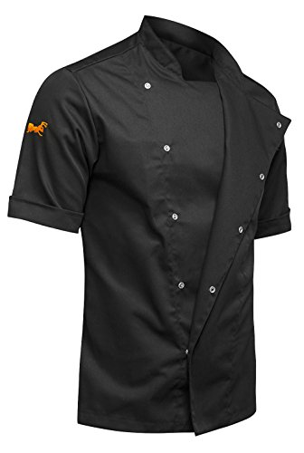 strongAnt® - Chaqueta Cocinero de Manga Corta. Uniforme de Chef Hombre. Ropa de Cocina. Tela de algodón/Tencel - Estilo Delgado, Ajuste Delgado - Hecho en EU - Noir M