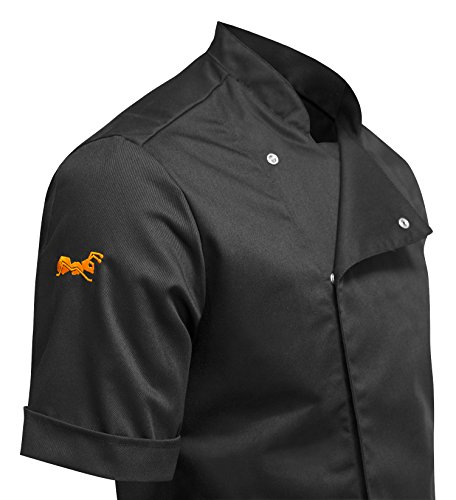 strongAnt® - Chaqueta Cocinero de Manga Corta. Uniforme de Chef Hombre. Ropa de Cocina. Tela de algodón/Tencel - Estilo Delgado, Ajuste Delgado - Hecho en EU - Noir XXL
