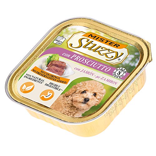 Stuzzy Mister, Comida húmeda para Perros Adultos, Sabor jamón, paté y Carne en trozos - Total 3,3 kg (22 tarrinas x 150 gr)
