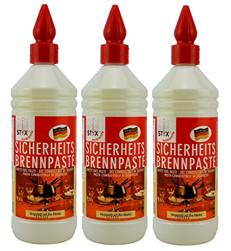 STYX Ambiente Seguridad Combustión Pasta de Gel Combustible Triple Pack 3 x 1000 ML. Fabricado auschließlich Materias Primas Renovables y Bio Alcohol. Fabricado en Alemania.