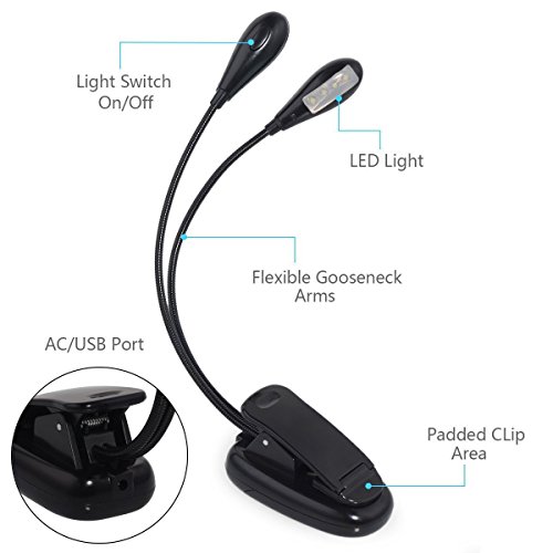 SUAVER luz Flexible Clip,8LED Flexible Luz de Lectura LED Doble Brazo Lámpara,Lámpara para Atril de Música con la Carga del USB para Leer,Trabajar