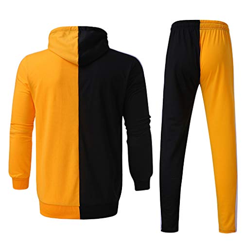 Subfamily Conjunto de Pantalones de Suéter con Cremallera y Paneles de Manga Larga con Bolsillo para Hombres, Patchwork Cremallera Sudadera Top Pantalones Conjuntos Traje Deportivo Chándal Naranja M