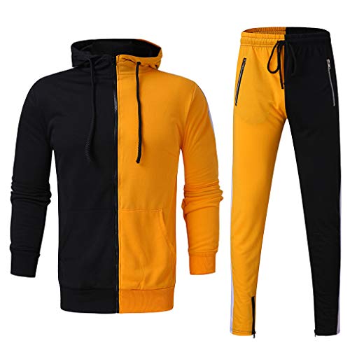 Subfamily Conjunto de Pantalones de Suéter con Cremallera y Paneles de Manga Larga con Bolsillo para Hombres, Patchwork Cremallera Sudadera Top Pantalones Conjuntos Traje Deportivo Chándal Naranja M