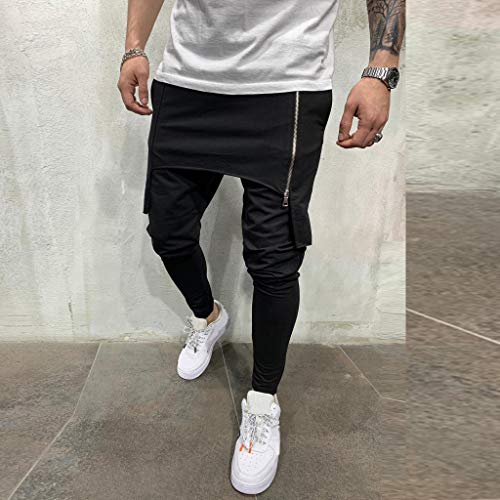 Subfamily Pantalón Deportivo para Hombre con Herramientas de Doble Costura En Color Liso Pantalones Cortos de Cremallera de Doble Capa Pantalones Deportivos de Bolsillo Pantalones de Trabajo Negro L