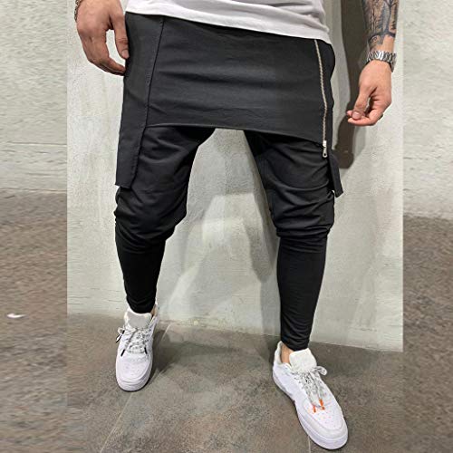 Subfamily Pantalón Deportivo para Hombre con Herramientas de Doble Costura En Color Liso Pantalones Cortos de Cremallera de Doble Capa Pantalones Deportivos de Bolsillo Pantalones de Trabajo Negro L