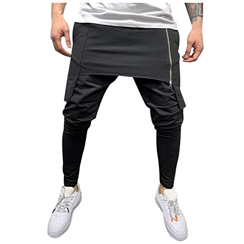 Subfamily Pantalón Deportivo para Hombre con Herramientas de Doble Costura En Color Liso Pantalones Cortos de Cremallera de Doble Capa Pantalones Deportivos de Bolsillo Pantalones de Trabajo Negro L