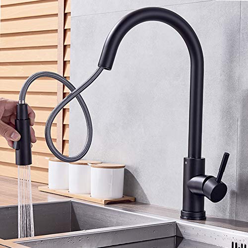 SUGU - Grifo de cocina con sensor automático y alcachofa extraíble, batería mixta para cocina, grifo de cocina inductivo táctil, negro, monomando, rango giratorio de 360°, batería de cocina