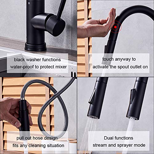 SUGU - Grifo de cocina con sensor automático y alcachofa extraíble, batería mixta para cocina, grifo de cocina inductivo táctil, negro, monomando, rango giratorio de 360°, batería de cocina