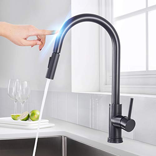 SUGU - Grifo de cocina con sensor automático y alcachofa extraíble, batería mixta para cocina, grifo de cocina inductivo táctil, negro, monomando, rango giratorio de 360°, batería de cocina