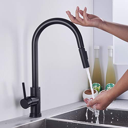SUGU - Grifo de cocina con sensor automático y alcachofa extraíble, batería mixta para cocina, grifo de cocina inductivo táctil, negro, monomando, rango giratorio de 360°, batería de cocina