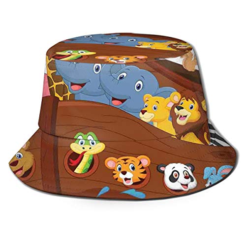 SUHETI Sombrerode Pescador Visera，El Arca navega en el mar Ondulado con un par de Animales como Jirafas cebras Leones，con Gorra Protección contra Sol UV Transpirable Sombrero