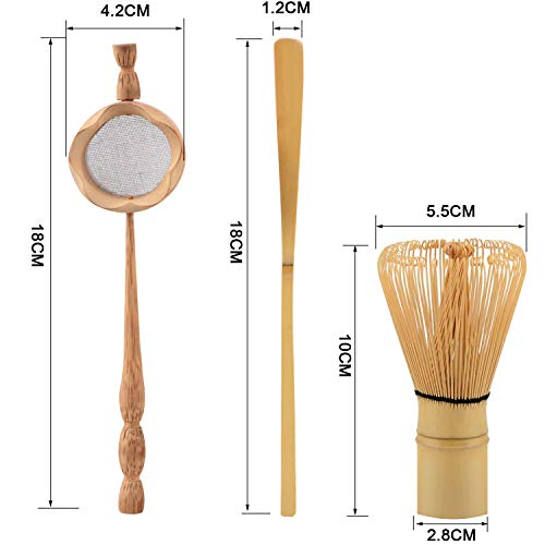 Summerwindy Colador de Té de Bambú Natural Cepillo de Batir Matcha Juego de Cucharada de Batidor de Té Verde en Polvo Juego de Utensilios de Té Accesorios de Cocina 3 Piezas