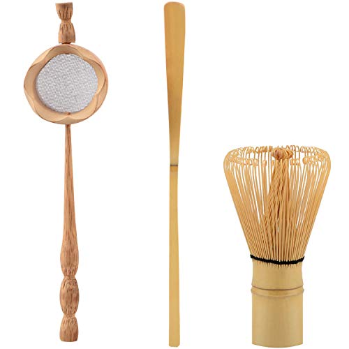 Summerwindy Colador de Té de Bambú Natural Cepillo de Batir Matcha Juego de Cucharada de Batidor de Té Verde en Polvo Juego de Utensilios de Té Accesorios de Cocina 3 Piezas