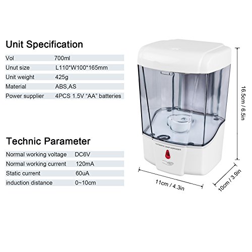 SUNJULY Dispensador de jabón automático, 1PC 700ml Dispensador de desinfectante de Manos sin Contacto Sensor IR con Bloqueo de Cubierta Montaje en Pared 1ml/Gota para Cocina, baño, Escuela