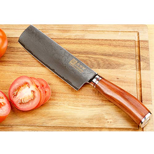 Sunlong 67 Capa VG10 Damasco de Acero Cuchillo de Verduras Nakiri Cuchillo Afilado Cuchillo de Cocina de Mango sólido de Madera (Usuba y Nakiri Knive 6.5") SL-DK1039RN