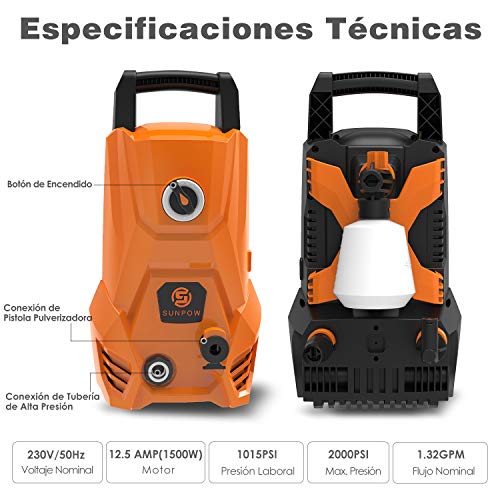 SUNPOW Hidrolimpiadora de Alta Presión (135 bar max, 300L / h, 1500W) 2 tipos de boquillas para limpiar coche, piscina, carretera