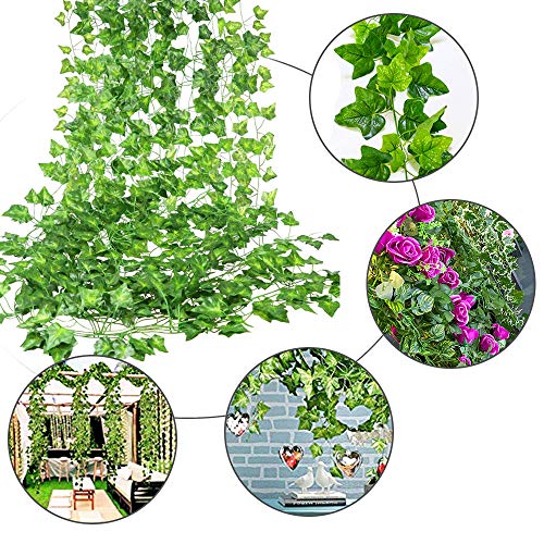 SunTop Plantas Artificial Decoración Hojas, Hiedra Artificial, 2.1 m -12 Pack Garland Plants Hanging Wedding Garland Fake Follaje Flores Inicio Cocina Jardín Oficina Decoración