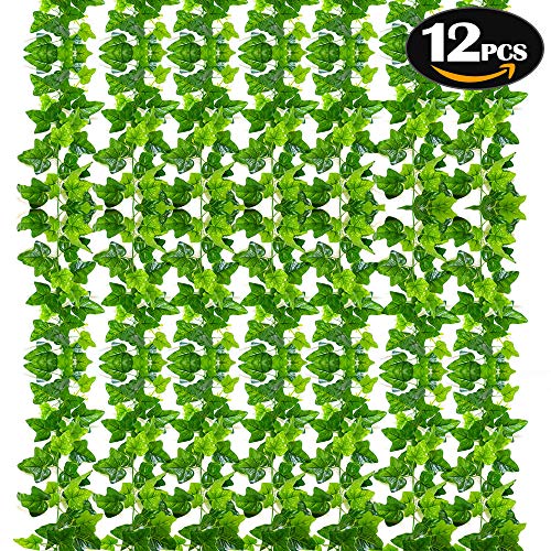 SunTop Plantas Artificial Decoración Hojas, Hiedra Artificial, 2.1 m -12 Pack Garland Plants Hanging Wedding Garland Fake Follaje Flores Inicio Cocina Jardín Oficina Decoración