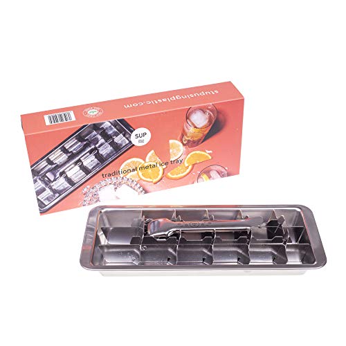 SUP Cubitera para Hielo Metálica 100% Acero Inoxidable Sin BPA ni Productos Tóxicos, Reutilizable y Ecológica | Bandeja de Hielos Tradicional de 18 Hielos con Palanca para el Congelador