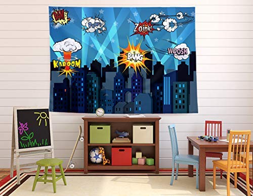 Superhéroe Paisaje Urbano Fotografía Fondo, Accesorios de Estudio, Banderas y Máscara. Ideal como de Cabina de Fotos de la Ciudad Super Hero - Portafotos para Cumpleaños, Fiestas y Eventos