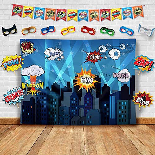 Superhéroe Paisaje Urbano Fotografía Fondo, Accesorios de Estudio, Banderas y Máscara. Ideal como de Cabina de Fotos de la Ciudad Super Hero - Portafotos para Cumpleaños, Fiestas y Eventos