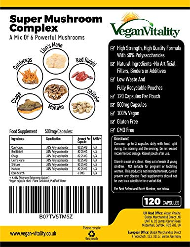 Suplemento de 6 Hongos – Reishi, Melena de León, Cordyceps, Chaga, Shitake y Maitake. 120 Cápsulas. 500mg Por Cápsula. Fórmula de Alta Resistencia para el Apoyo del Sistema Inmunológico y Bienestar