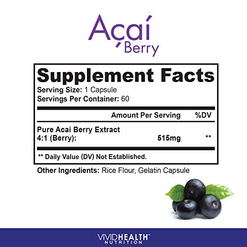 Suplemento de extracto de Acai Berry puro: las mejores vitaminas antioxidantes para la desintoxicación natural | Potente superalimento para perder peso, 60 cápsulas, 515 mg