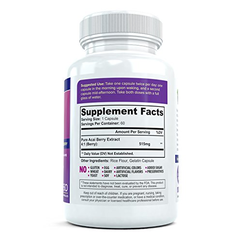 Suplemento de extracto de Acai Berry puro: las mejores vitaminas antioxidantes para la desintoxicación natural | Potente superalimento para perder peso, 60 cápsulas, 515 mg