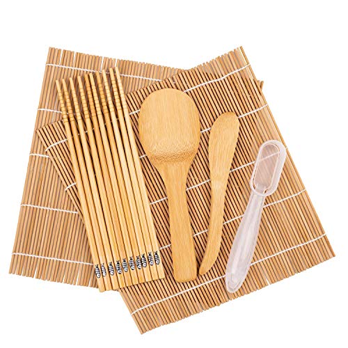 SUROY kit de sushi para hacer sushi que incluye 2 alfombrillas de sushi, 5 pares de palillos, 1 pala, 1 espátula, 1 plato de salsa, 1 herramienta para hacer arroz, 1 bolsa de almacenamiento