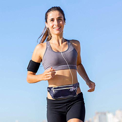 Suxman Riñonera Running Impermeable, Cinturón Deportiva Festival de Neón Brillante para Correrer, Ciclismo, Bicicleta, Peseo, Camina el Perro, con 3 Bolsillos de Cremallera (Negro)