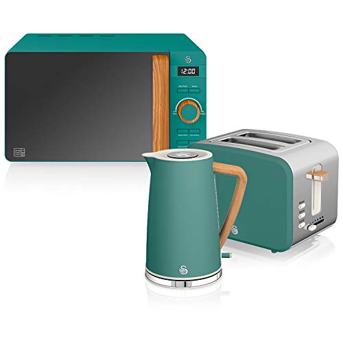 Swan Nordic Set Desayuno Hervidor de agua 1,7L 2200W, Tostadora Pan ranura ancha 2 rebanadas, Microondas 20L digital, diseño moderno, efecto madera, verde