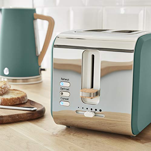 Swan Nordic Set Desayuno Hervidor de agua 1,7L 2200W, Tostadora Pan ranura ancha 2 rebanadas, Microondas 20L digital, diseño moderno, efecto madera, verde