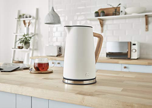 Swan Nordic Set Desayuno Hervidor de agua 1,7L 2200W, Tostadora Pan ranura ancha 4 rebanadas,Microondas 20L digital, diseño moderno, efecto madera, blanco algodón