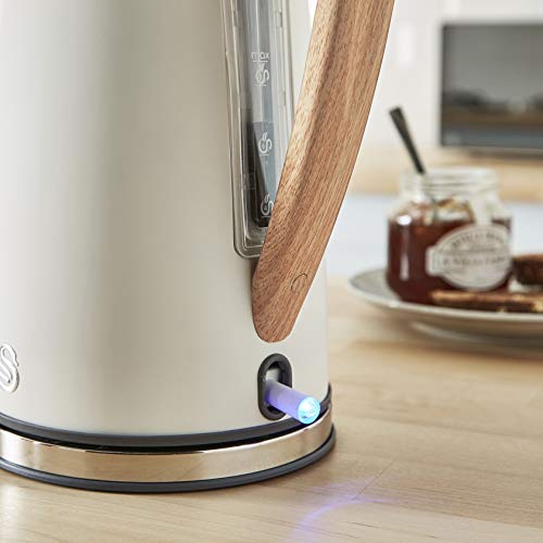 Swan Nordic Set Desayuno Hervidor de agua 1,7L 2200W, Tostadora Pan ranura ancha 4 rebanadas,Microondas 20L digital, diseño moderno, efecto madera, blanco algodón