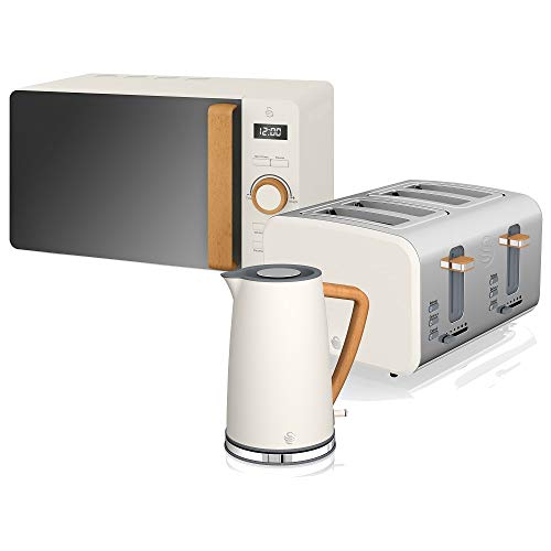 Swan Nordic Set Desayuno Hervidor de agua 1,7L 2200W, Tostadora Pan ranura ancha 4 rebanadas,Microondas 20L digital, diseño moderno, efecto madera, blanco algodón