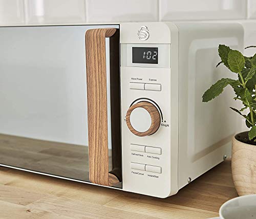 Swan Nordic Set Desayuno Hervidor de agua 1,7L 2200W, Tostadora Pan ranura ancha 4 rebanadas,Microondas 20L digital, diseño moderno, efecto madera, blanco algodón