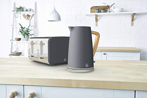 Swan Nordic Set Desayuno Hervidor de agua inalámbrico 1,7L 2200W, Tostadora Pan ranura ancha 4 rebanadas, 3 funciones, diseño moderno, efecto madera, gris