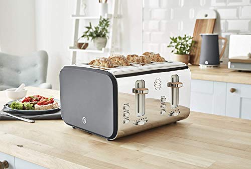 Swan Nordic Set Desayuno Hervidor de agua inalámbrico 1,7L 2200W, Tostadora Pan ranura ancha 4 rebanadas, 3 funciones, diseño moderno, efecto madera, gris