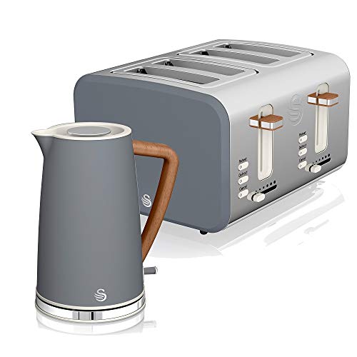 Swan Nordic Set Desayuno Hervidor de agua inalámbrico 1,7L 2200W, Tostadora Pan ranura ancha 4 rebanadas, 3 funciones, diseño moderno, efecto madera, gris