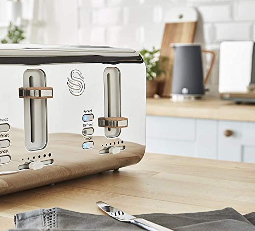 Swan Nordic Set Desayuno Hervidor de agua inalámbrico 1,7L 2200W, Tostadora Pan ranura ancha 4 rebanadas, 3 funciones, diseño moderno, efecto madera, gris