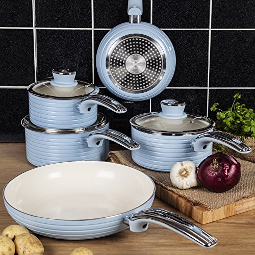 Swan SWPS5020BLN Batería de Cocina Antiadherente, Cerámica, Incucción, 2 Sartenes 20/28 cm, 3 Cacerolas 16/18/20 cm, Azul, Metal, 29.5x47x18 cm, 5 Set
