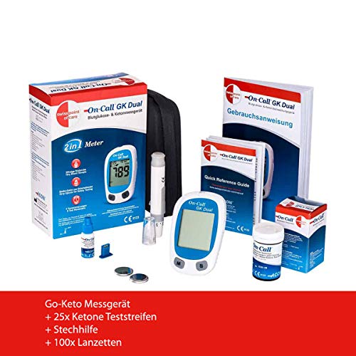 Swiss Point Of Care GK Dual glucosa y cetonas Starter pack | 1x dispositivo de medición (MMOL/L), 25x tiras reactivas de cetonas y otros accesorios