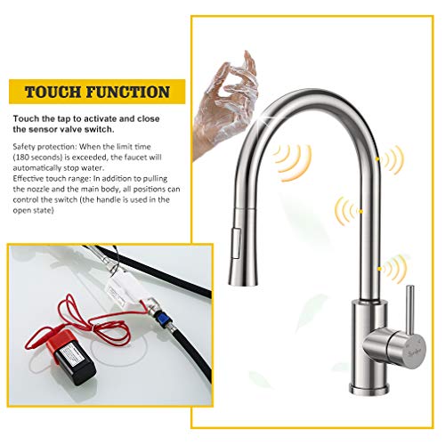 Synlyn grifo de cocina con sensor táctil con cabezal de ducha extraíble de 60 cm grifo de fregadero giratorio de 360 ​​° grifo de inducción de acero inoxidable 304 mezclador de fregadero monomando