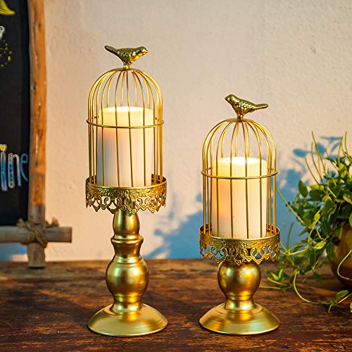 Sziqiqi Portavelas de Columna Candeleros de Retro con Forma de Jaula de Pájaro, Decoraciones para la Mesa de Boda Centro de Mesa Navideño Candelabros Decorativos de Velas Candelabros de Mesa, Oro
